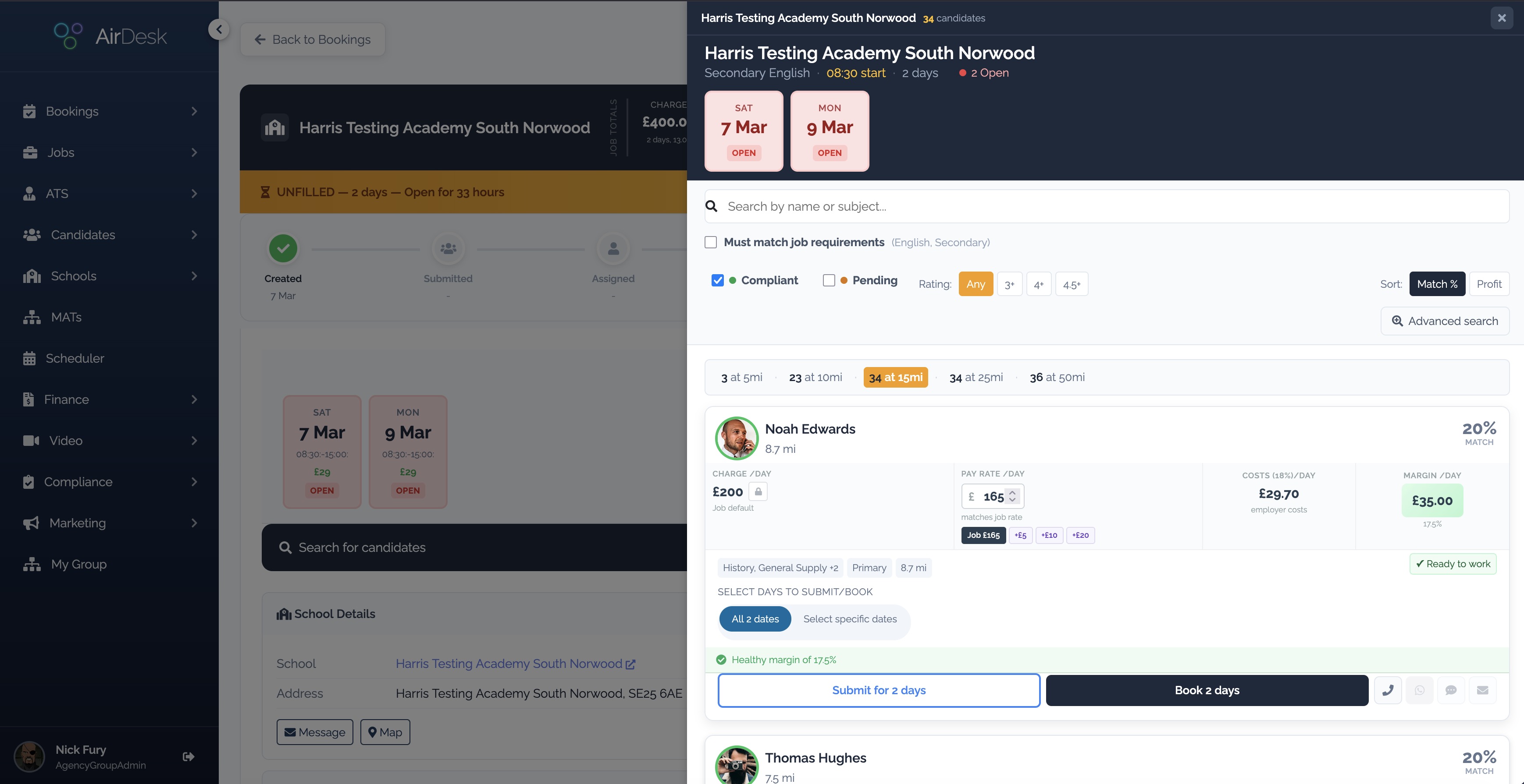 AirDesk booking detail with candidate matching, score breakdown, and one-click booking